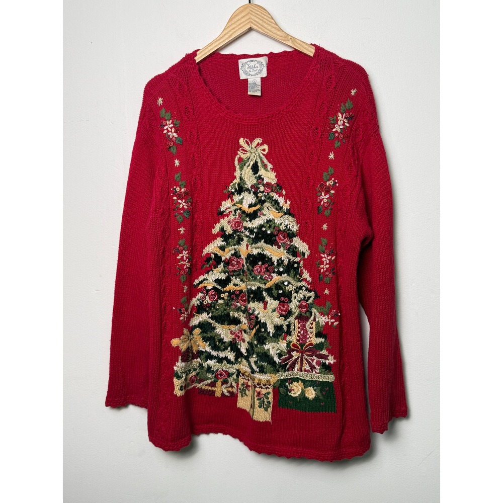 Red Vintage Christmas Tree Embroidered Beaded Sweater Large Stitches In Time
